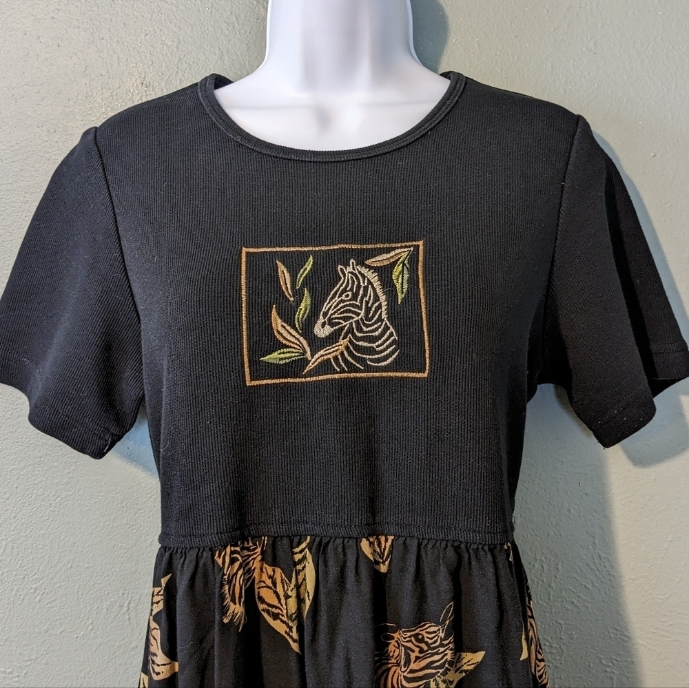 Vintage 90's Zebra Print Embroidered Maxi Dress Size M - Picture 2 of 7